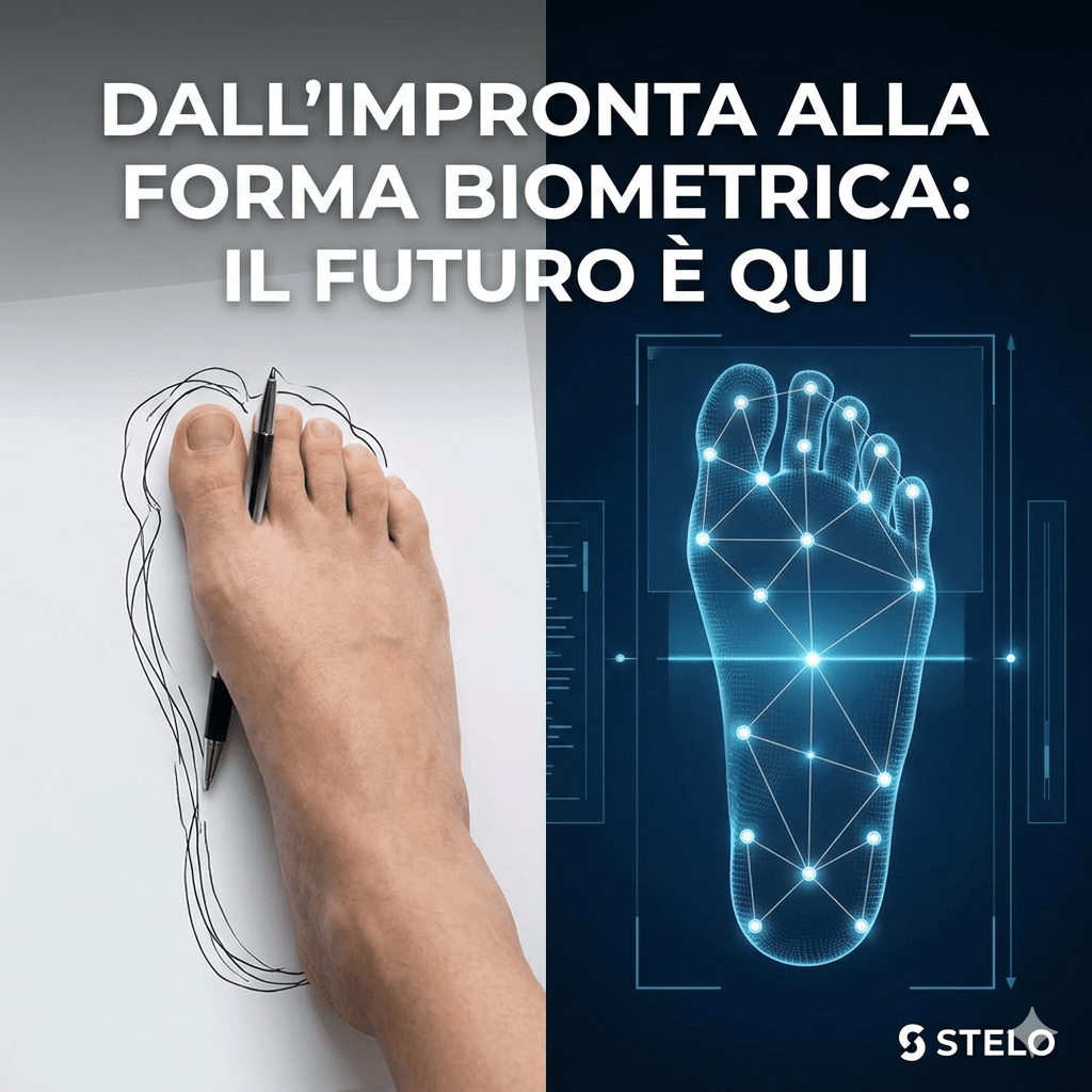 Prima e dopo. Il piede su un foglio vs la forma biometrica a distanza - lo stile incontra la tecnologia - Stelo
