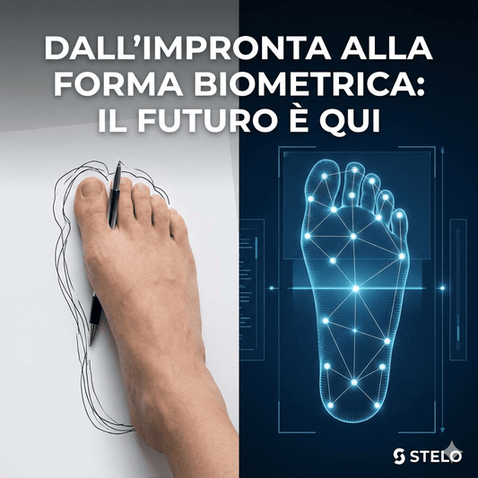 Prima e dopo. Il piede su un foglio vs la forma biometrica a distanza - lo stile incontra la tecnologia - Stelo